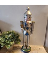 14 Inch Wooden Silver Tin Man Nutcracker Vintage Some Chipping on Base - $32.71