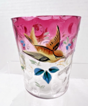 Victorian Clear to Cranberry Glass w Enameled Bird Flowers Butterfly Sm ... - $639.52 MXN