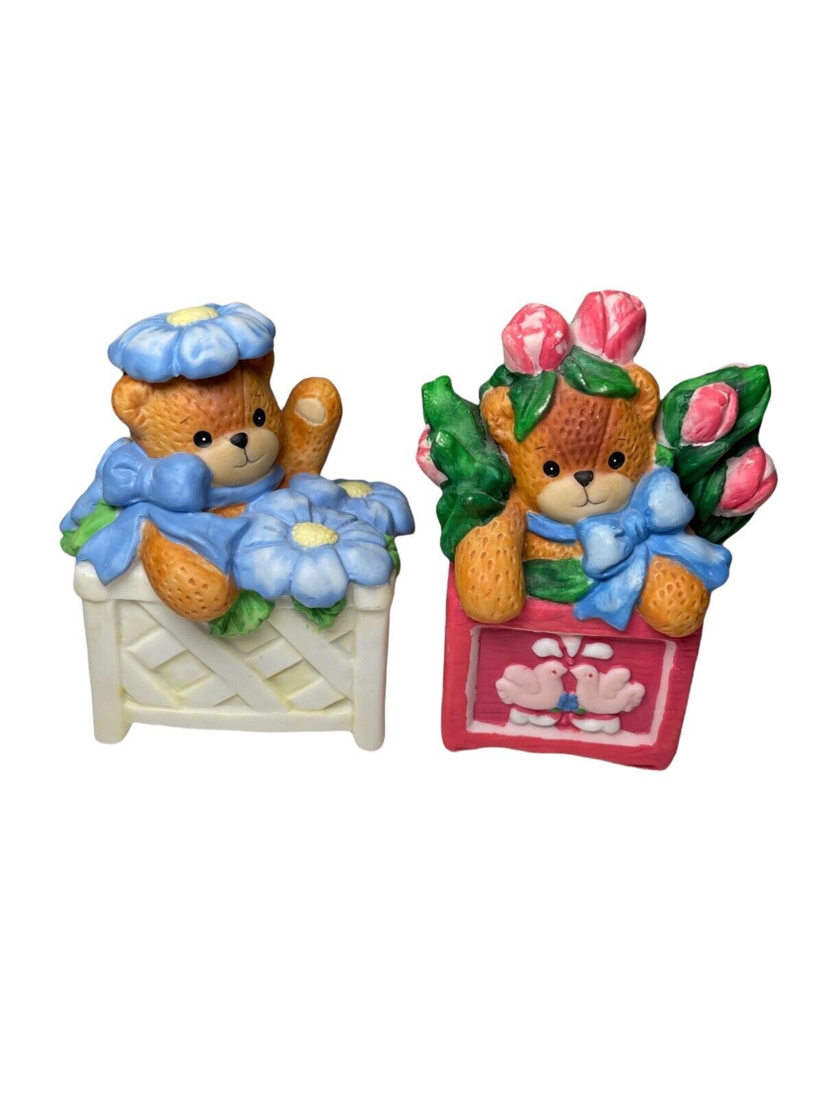 Primary image for Enesco Lucy & Me Lucy Rigg Bears In Planter Boxes /Roses Signed 1994 Lot Of 2