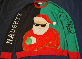 Ugly Christmas Sweater Naughty Nice Santa Sunglasses Split Sequins M (38-40) - £11.01 GBP