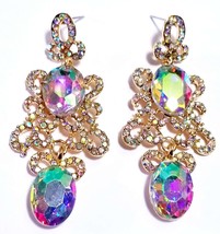 Drag Queen Chandelier Earrings AB on Gold Rhinestone Crystal Bridal Prom Pageant - $39.98