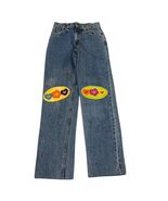 Vintage-Inspired Straight-Leg Denim Jeans W/ Retro Floral &amp; Heart Patches - €20,60 EUR