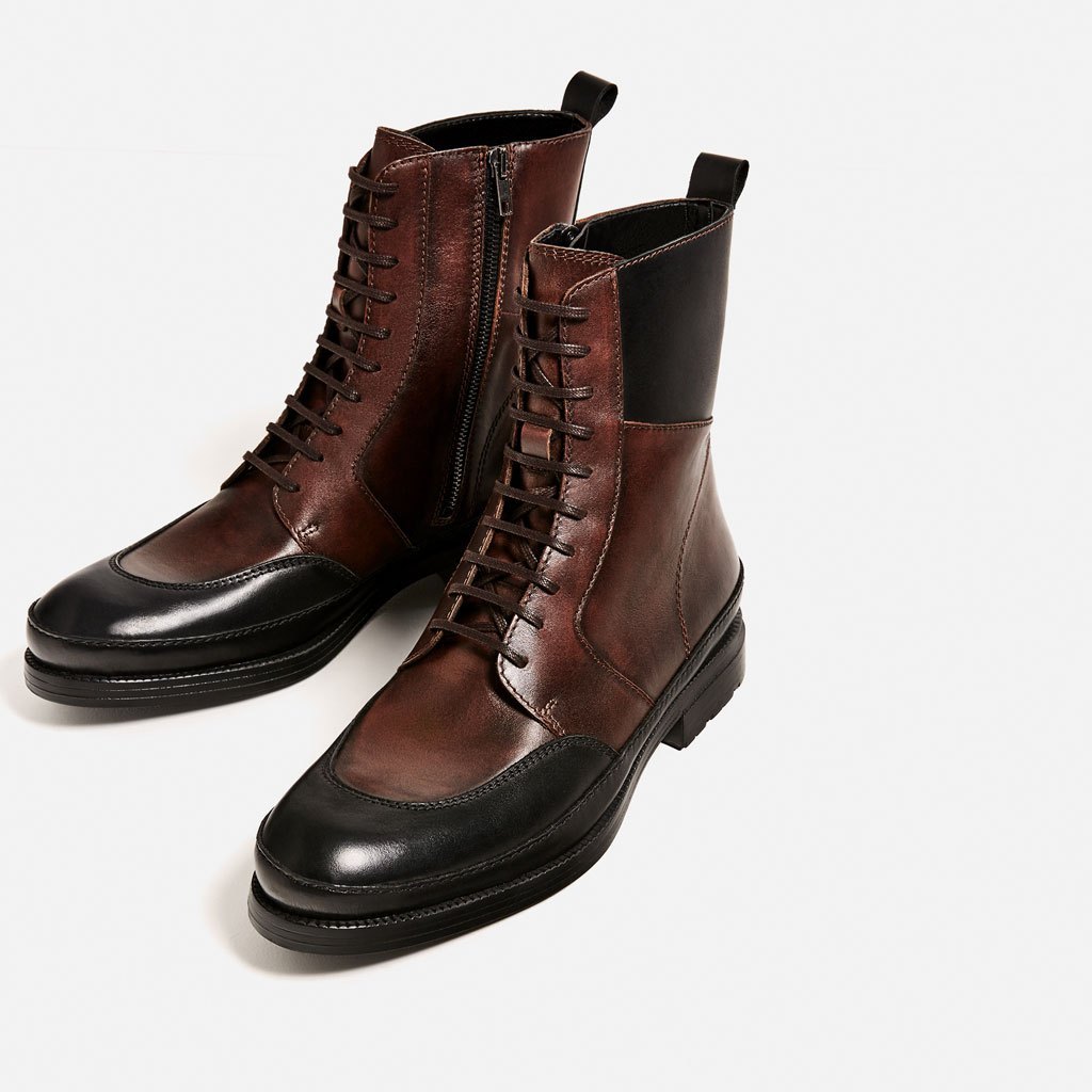 Two Tone Laceup Boots Brown Black Side Zipper High Ankle Premium Quality Leather