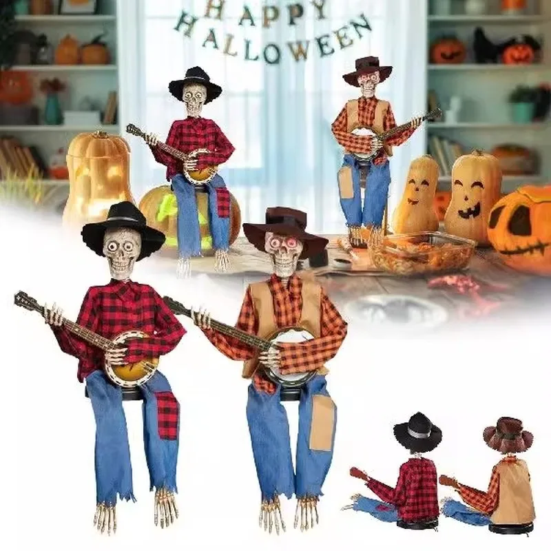 Halloween Animated Banjo Skeletons Statue 2023 Latest Horror Night Gifts Glowing - £19.65 GBP+