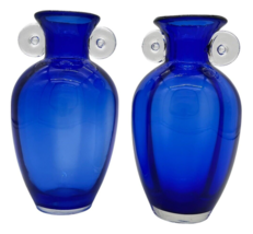 Twin Tarnowiec Poland Cobalt Blue Vases Clear Scroll Handles 8&quot; Art Glass - £38.53 GBP