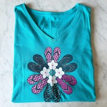 Life Is Good Flip Flops Flower Turquoise V-Neck Short Sleeve T-Shirt - W... - $16.10
