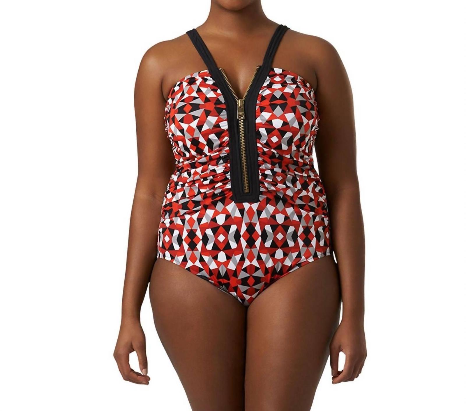 Always For Me Plus Size Lola Zip Front One Piece Swimsuit Red - $64.00
