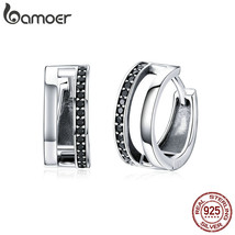 Classic 925 Silver Simple Double Round Circle Black CZ Hoop Earrings for Women F - $22.43