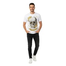 Men LAVERITA European Fashion Crew Shirt Rhine Stones Skeletons 93356 White image 4