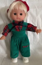 GI-GO TOYS Doll Blonde Hair Green Corduroy Overalls Plaid Shirt Beret Ey... - £15.45 GBP