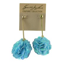 Kenneth Jay Lane Gold Bar Blue Fringe Ball Puffy Earrings New on Card - $35.31