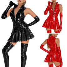 Womens Leather Bodycon Mini Dress Pleated Skirt Wetlook Shiny Stockings Clubwear - £16.54 GBP+