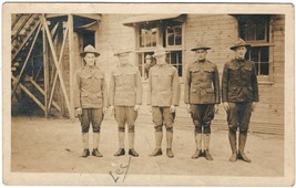 Five WW1 Soldiers - Real Photo Postcard RPPC Standing in front of barricks 1914 - £7.09 GBP