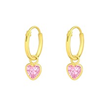 Gold Plated 925 Silver Hoop Earrings with Hanging Heart CZ Pink - £13.18 GBP
