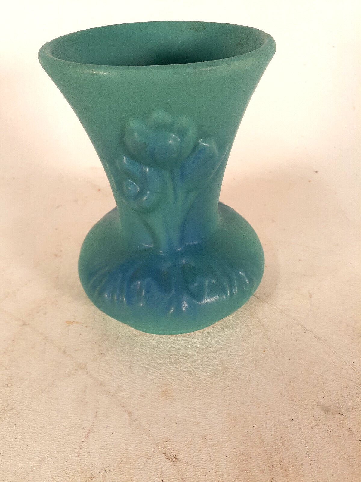Primary image for Van Briggle Art Pottery Turquoise Floral Tulip Vase, 5" tall