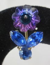 Vtg Made in Austria Clip on Earrings AB Blue Crystal Rhinestones Flower - £35.97 GBP