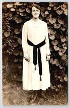 RPPC Lovely Woman Posing In Garden White Dress With Tassel  Sash Postcard A44 - £7.04 GBP