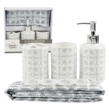 Bathroom Set in White and Gray Toothbrush Holder Soap Dispenser Shower Curtain - £9.10 GBP