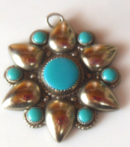 Vintage BELL Nickel Silver Turquoise Pendant 1.7/8&quot; Diameter - £43.73 GBP