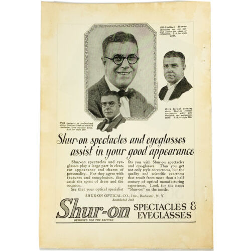 Vintage 1923 Shur-on Print Ad Spectacles &amp; Eyeglasses Shelltex Shur-On O... - $6.62
