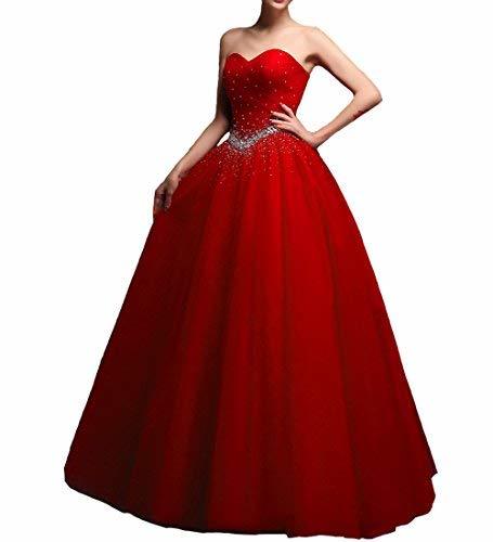 Kivary Beaded Tulle Long Ball Gown Corset Formal Prom Quinceanera Dresses Red US