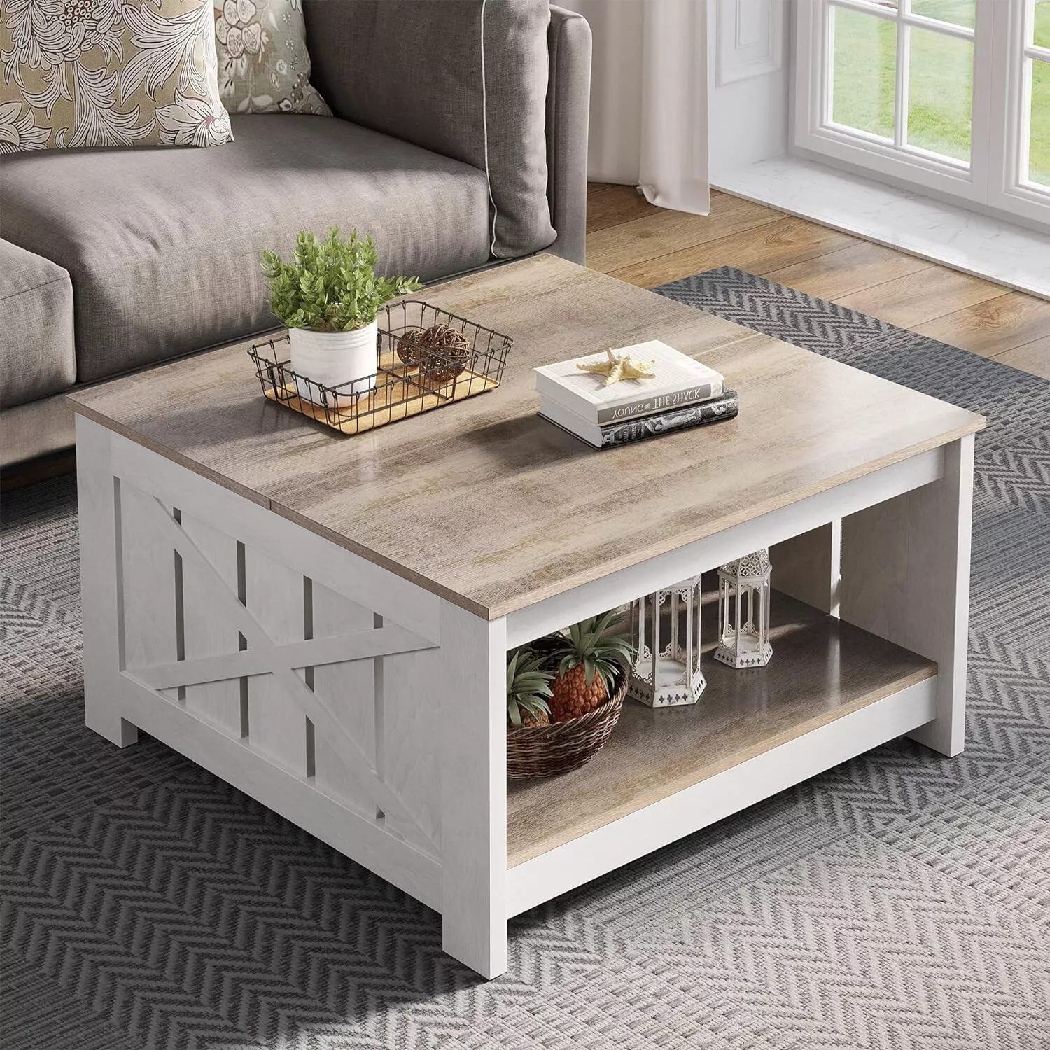 Gray Farmhouse Wood Cocktail Coffee Table Center for Living Room With St... - $164.49 CAD