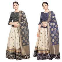 Lehenga Choli &amp; Dupatta Jacquard Faux-Silk Festa Matrimonio Etnico Abito Gratis - £43.17 GBP