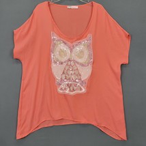 Chris &amp; Carol Women Shirt Size M Orange Preppy Owl Sequin Deep Scoop USA Made - £8.42 GBP