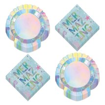 Mermaid Party Shell Shaped Iridescent Paper Plates and Metallic Beverage Napkins - £14.14 GBP