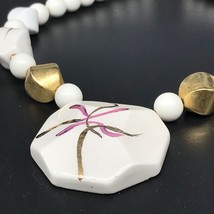Hand Painted Japanese Beaded Necklace, White, Mauve and Gold Abstract Fireworks - $31.93