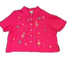 Dressbarn Blouse Sz 20W Womens Hot Pink Floral Tropical Linen Blend Embroidery  - £14.92 GBP