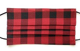 Red Black Pleated Plaid Check Tartan Face Mask, Triple layer 100% cotton cloth,  - £10.92 GBP