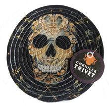 Trivet Halloween Skull Braided 9&quot; Round Hot Pad Chenille Spooky Scary Black - $18.50