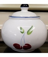DANSK Morello Red Cherries Blue Bands Sugar Bowl With Lid 3 1/4&quot; Tall - £13.26 GBP