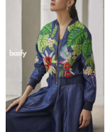 Women&#39;s Blue Embroidered Floral Bomber Jacket  Tropical Bird Design Zip-Up - $539.00