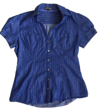 Express Blue w/ Silver Stripe Career Short Sleeve Button Down Top XS Met... - £12.01 GBP