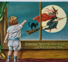 Halloween Postcard Window View Flying Witch Black Cat Anglo-American 876 Unused - £66.12 GBP