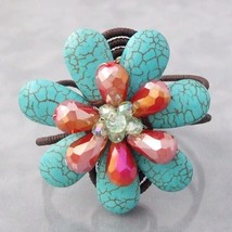Blue Turquoise &amp; Crystals Flower Cotton Rope Cuff - £11.65 GBP