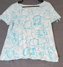 Talbots T Shirt Womens Sz M White Blue Tropical Short Tie Sleeve Linen Blend - £14.11 GBP