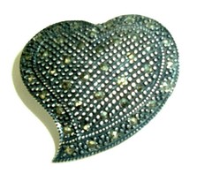 Vintage Brooch Pin FAS 925 Sterling Silver Marcasite Heart  - £19.74 GBP