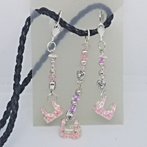Necklace Earrings Pink Bra Top 1/2 &quot; Charm Silver Heart Bead Black Leath... - $15.00
