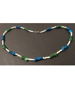 Beaded necklace; blue, green, and white; silver lobster clasp; 26 inches... - £18.11 GBP