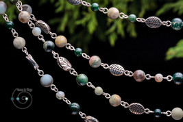 long boho necklace with amazonite, fancy jasper, agate, green, grey, ooak - £33.57 GBP