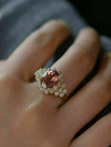 2CT Oval Cut Pink Sapphire &amp; Diamond Engagement Halo Ring 14K Yellow Gold Finish - £76.23 GBP