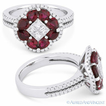 2.18 ct Pear-Shape Red Ruby &amp; Diamond Pave 18k White Gold Right-Hand Flower Ring - £3,429.35 GBP
