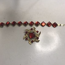 Vintage Red Moon Glow Thermoset Brooch and Bracelet Gold Tone with Leaves - £26.14 GBP