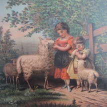 Antique Victorian Print Girls Children Tending Petting Sheep By Fence &amp; ... - $19.99