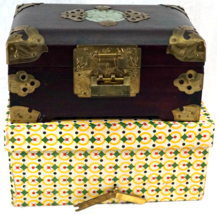 Chinese Wooden Jewelry Box Jade Inlay Brass Trim Lock &amp; Key Sold by Shirokiya - £63.86 GBP