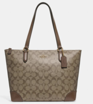 COACH Authentic Zip Top Tote Signature C Canvas W Leather Trim  KHAKI SA... - £141.38 GBP