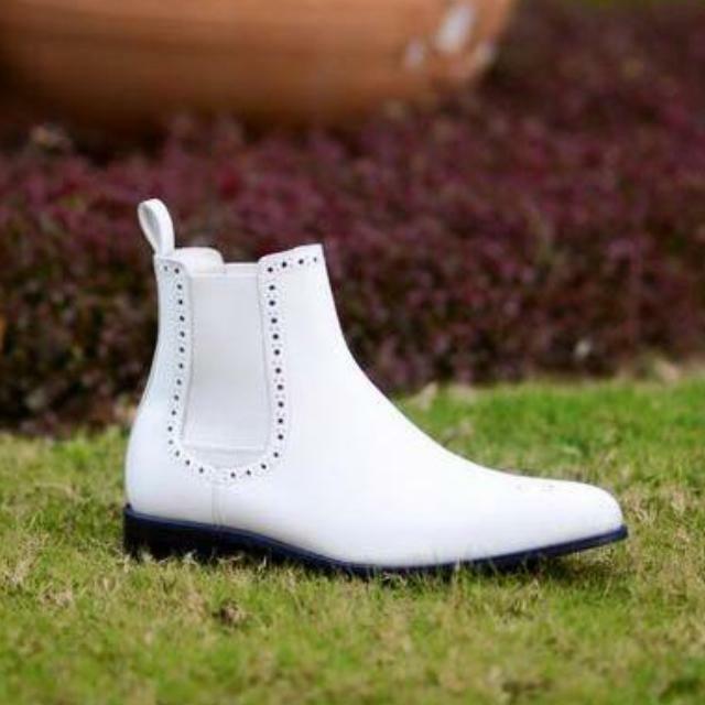 Men's White Chelsea Jumper Slip On Brogue Toe High Ankle Leather Boots US 7-16